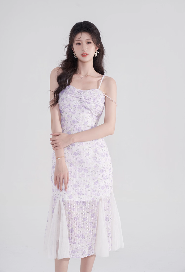 French design niche fishtail skirt sweet pure desire mid-length skirt purple floral suspender dress R4145