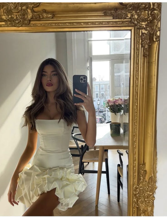 Apricot tube top slim waist floral skirt homecoming dress R2779