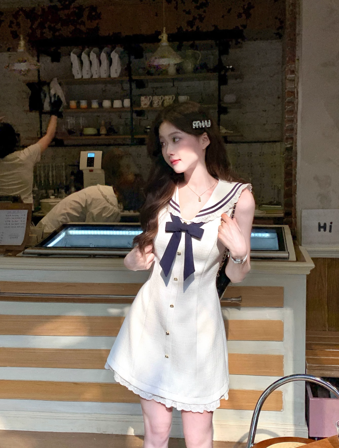 French navy collar dress summer sweet college style age-reducing sleeveless dress R3829