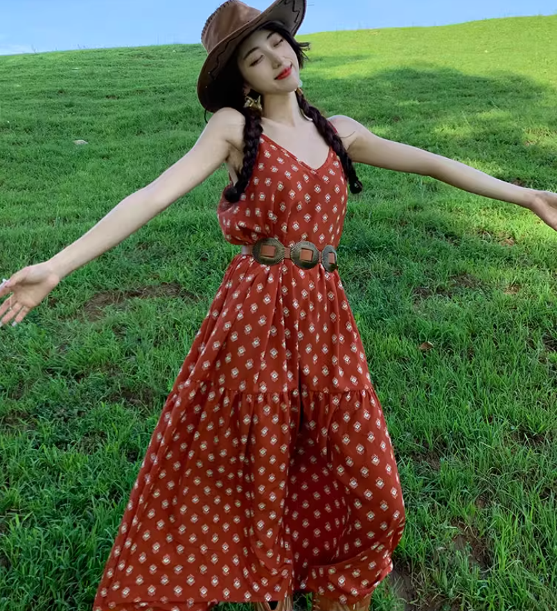 Beach holiday dress travel wear chiffon retro red dress floral loose suspender beach dress R1599