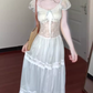 Gentle blue lace puff sleeve dress holiday temperament waist A-line long skirt R0862