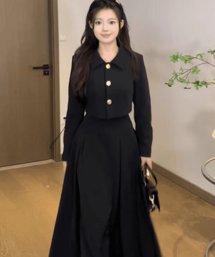 Large size French Hepburn style black short jacket rich daughter high waist A-line skirt suit R1824