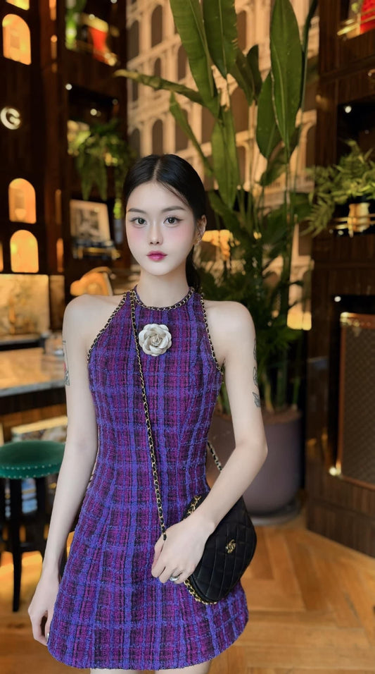 Purple round neck sleeveless waist slim A-line short skirt homecoming dress R3884