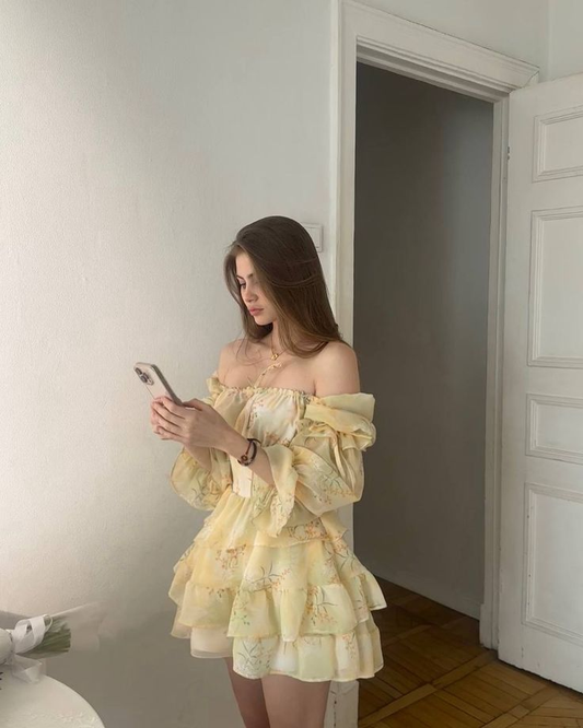 Vibrant Ruffled Floral Women's Homecoming Dress Pastel Yellow Corset Short Prom Gown Party Dress RS3118