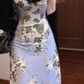 Oil painting floral suspender dress beautiful waist A-line long skirt R0606