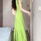 Retro green dress high-grade v-neck temperament step by step lotus fishtail skirt R0735