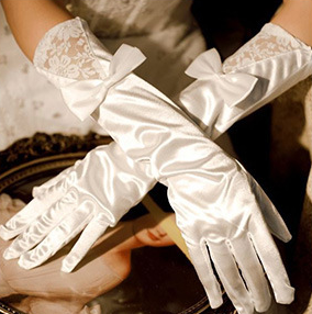 Off-white lace bow mid-length wedding dress banquet dinner gloves     S6243
