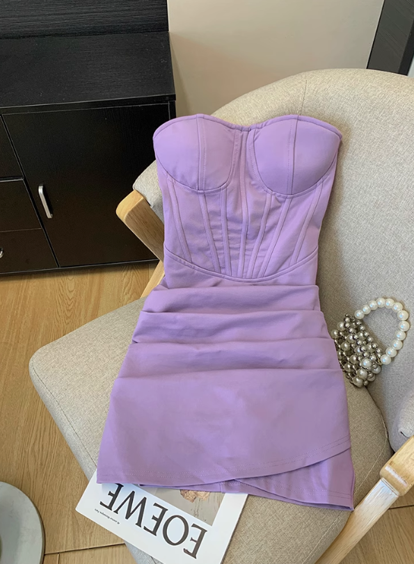 Purple pure sexy tube top dress female new waist short hip skirt fishbone backless small dress R3951