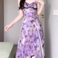 Purple oil painting floral suspender dress beautiful waist A-line long skirt R0749