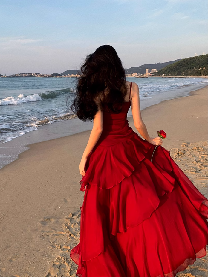 Fairy waist slimming big swing red dress holiday beach long dress tube top ruffled suspender skirt R1719