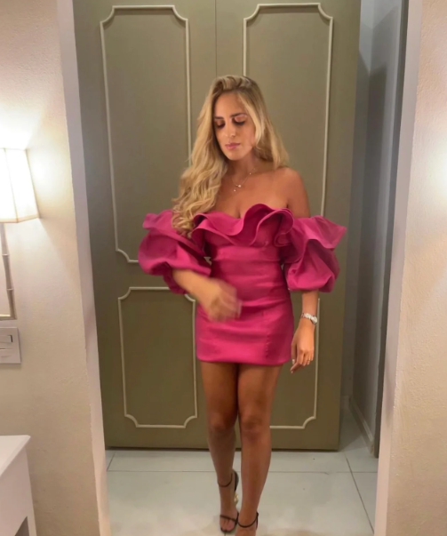 Off Shoulder Satin Pink Short Prom Dress, Pink Homecoming Dress      S3565