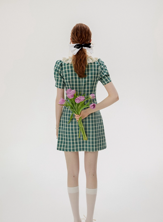 French skirt green plaid dress summer retro short skirt petite short skirt female summer R3457