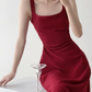 Retro red square neck suspender dress temperament waist banquet engagement A-line dress R1427