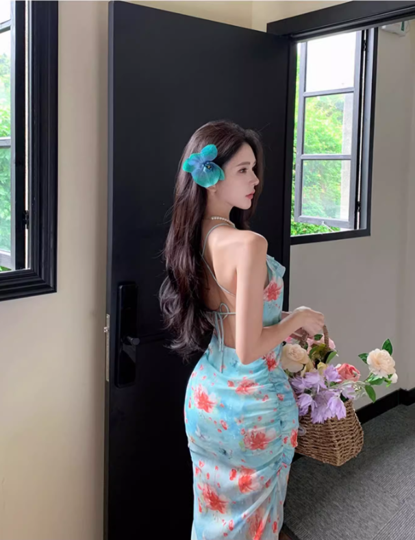 Sweet and spicy high slit slim backless dress beach dress seaside holiday atmosphere dress R1576