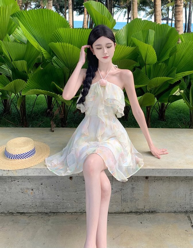 French style holiday sweet halter neck dress super fairy slim beach dress short style R1625