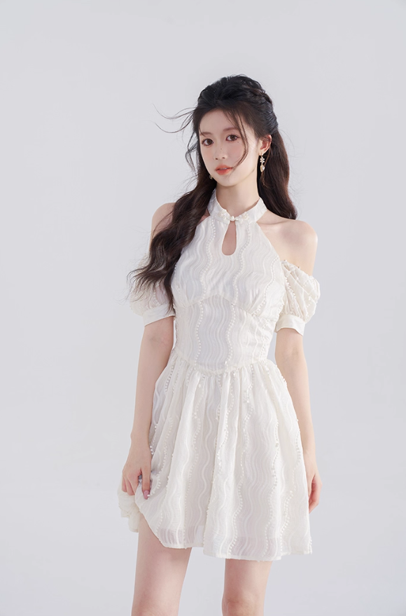 French dress new summer style beautiful temperament waist slimming white short skirt R4503