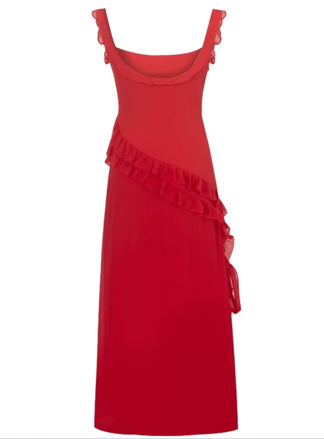 2025 summer new red irregular sexy ruffled seaside holiday dress R0980