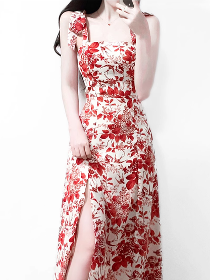 2025 Summer New Romantic Red Floral Waist Tie Holiday Suspender Dress R0922