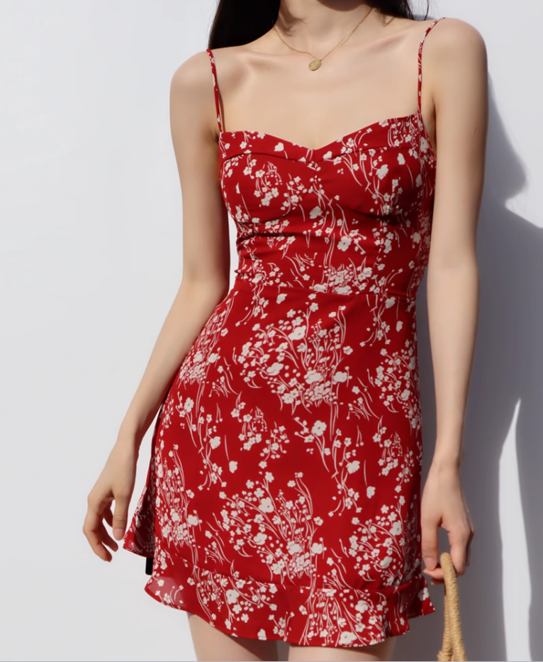 French retro girl red bottom floral dress waist slim ruffled suspender dress R2819