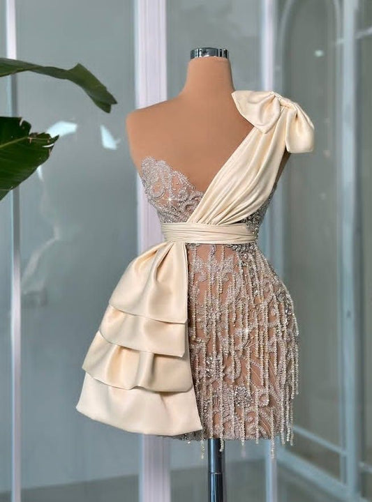 White asymmetrical neckline waist slim fit diamond sexy short skirt homecoming dress R4102