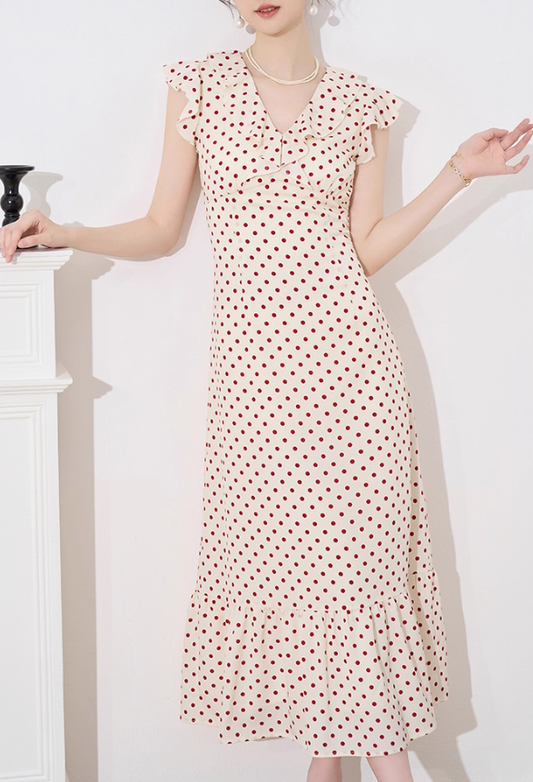 French dress women's new summer design niche temperament high-end red polka dot slim skirt R4378