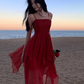 Fairy dress red beach dress vacation travel wear high waist irregular suspender skirt R1581