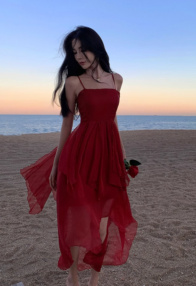 Fairy dress red beach dress vacation travel wear high waist irregular suspender skirt R1581