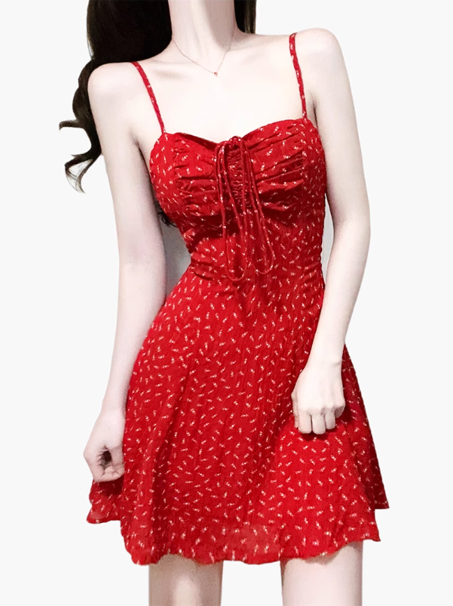 2025 Summer New Red Floral A-line Small Waist Suspender Dress R0911