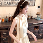 Polka dot halter neck dress summer daughter style temperament high-end off-shoulder dress R4583