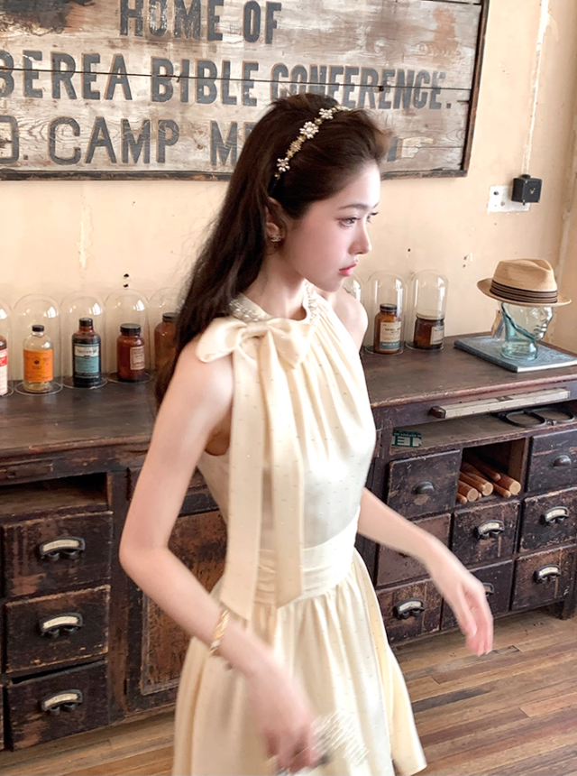 Polka dot halter neck dress summer daughter style temperament high-end off-shoulder dress R4583