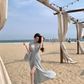 Blue V-neck hollow sleeveless halter dress waist banquet dress R0562
