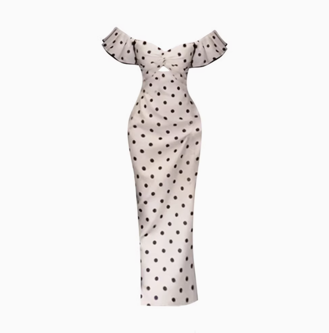 French retro one-shoulder polka dot tube top dress 2025 gentle style slim hip long skirt R1370