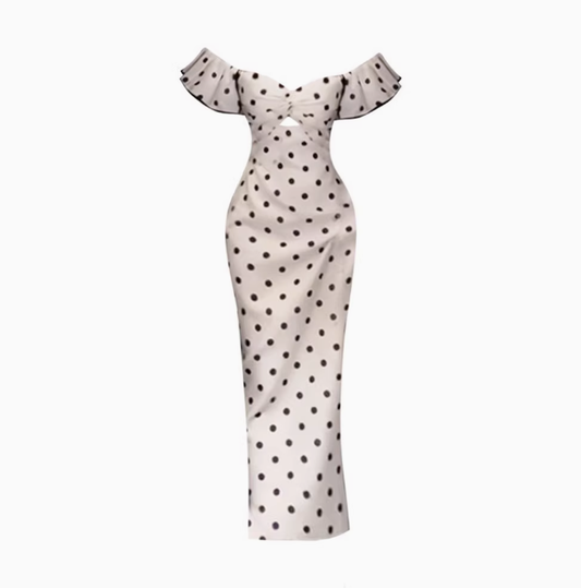French retro one-shoulder polka dot tube top dress 2025 gentle style slim hip long skirt R1370