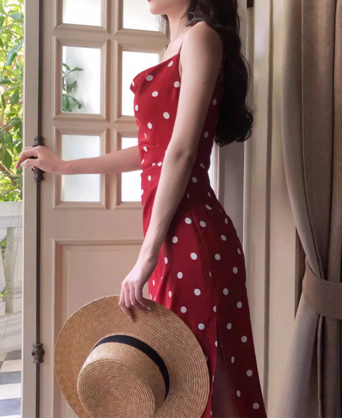 Retro mid-length polka dot dress French style holiday style sexy slim suspender skirt R1495