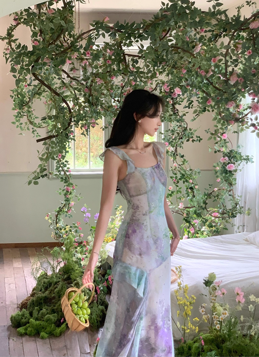 Beautiful oil painting style fishtail long skirt summer French retro gradient irregular suspender dress R4340