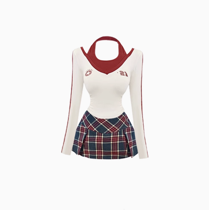 College style fake two-piece contrast color halter neck top 2025 sweet and spicy plaid skirt suit R1239