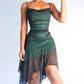 Green suspenders sexy waist black tulle irregular skirt homecoming dress R2796