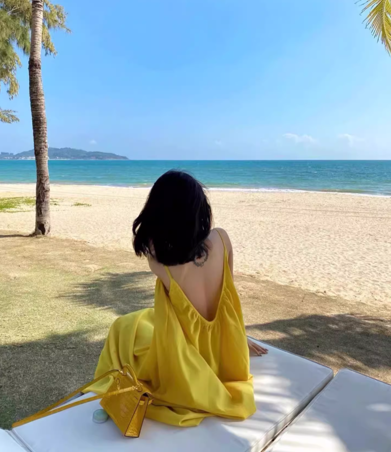 Super fairy yellow suspender dress for the seaside travel wear long skirt backless fairy dress R1570