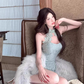 Pure desire hot girl sleeveless halter neck lace dress 2025 hollow waist hip skirt R1146