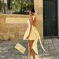Yellow suspender A-line backless sexy slim skirt homecoming dress R2421