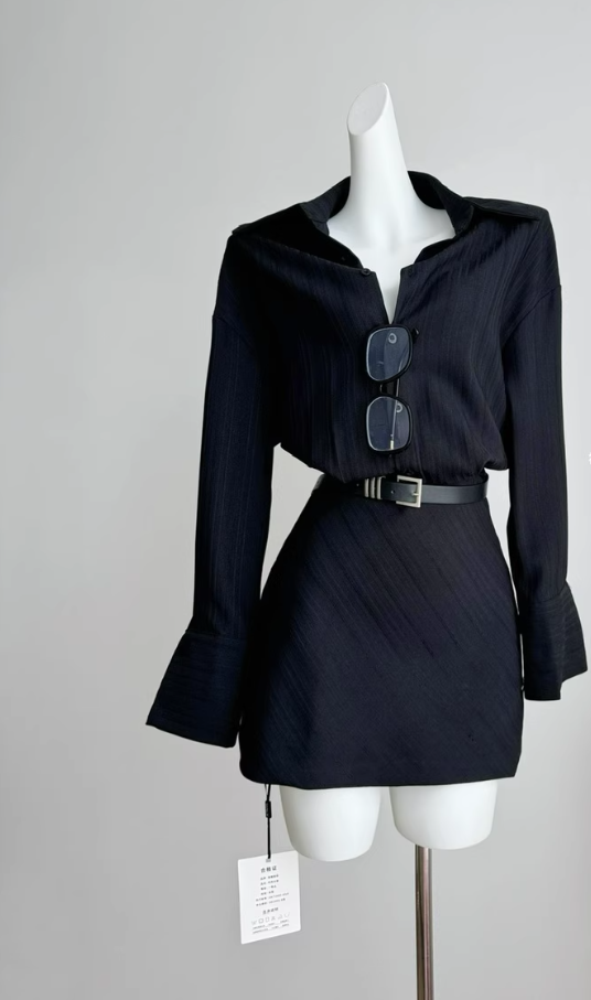 Shirt dress long sleeves new style waist black shirt dress R2103