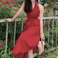Retro halter neck dress sexy wine red temperament slim high-end dress R1486