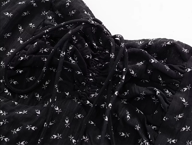 2025 Summer New Black Retro Floral A-line Waist Short Suspender Dress R0977