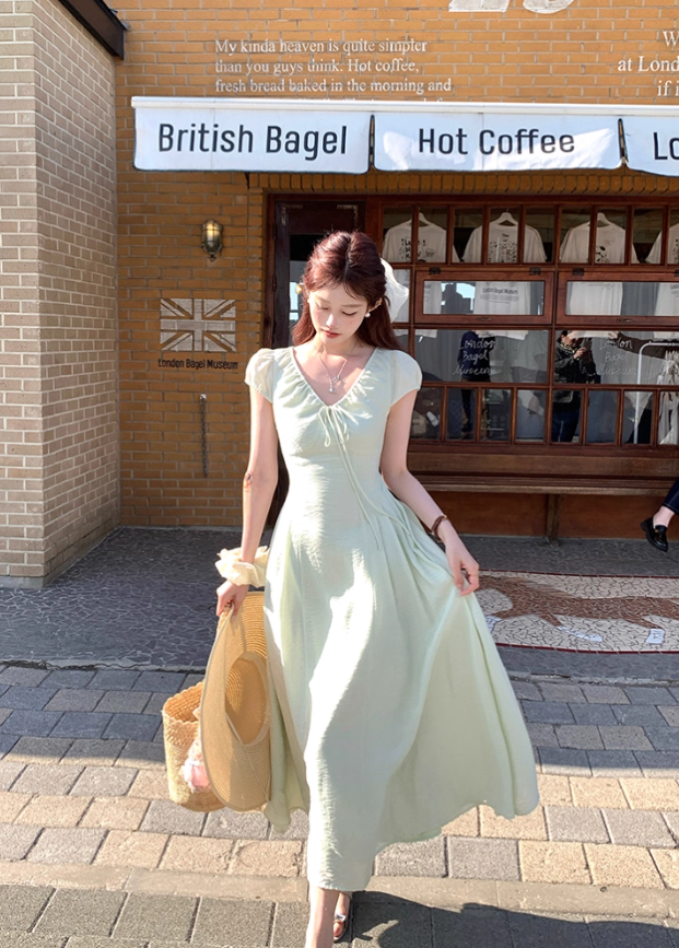 Green long v-neck short-sleeved dress women's summer loose slim temperament skirt R4832