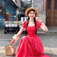 Red long square-neck cinched waist A-line dress, a French retro style dress for women's summer R4786