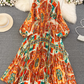 Light luxury temperament lantern long sleeve round neck waist single breasted print elegant dress R0403