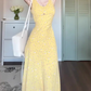 V-neck sleeveless yellow floral dress 2025 new waist long skirt R0804