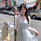 Long V-neck mesh suspender dress summer French loose slim skirt R4910