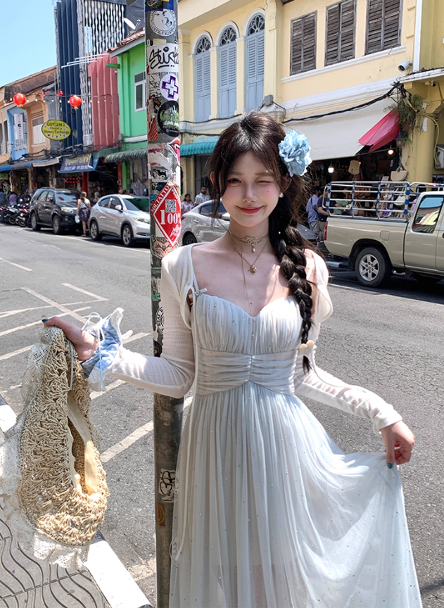 Long V-neck mesh suspender dress summer French loose slim skirt R4910