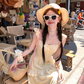 Yellow long small flying sleeve waist suspender dress summer French A-line sweet style skirt R4697